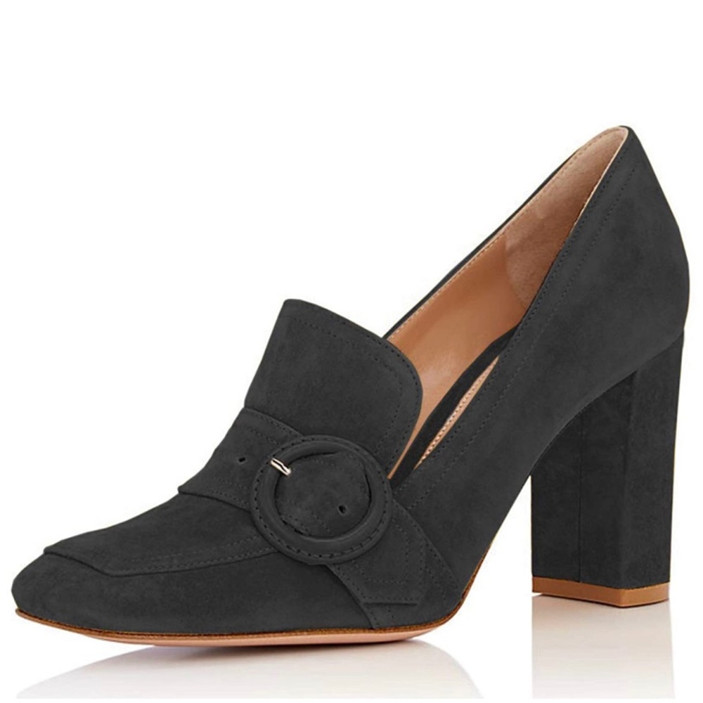 Square Toe Loafer High Heel Chunky Slip On Pumps